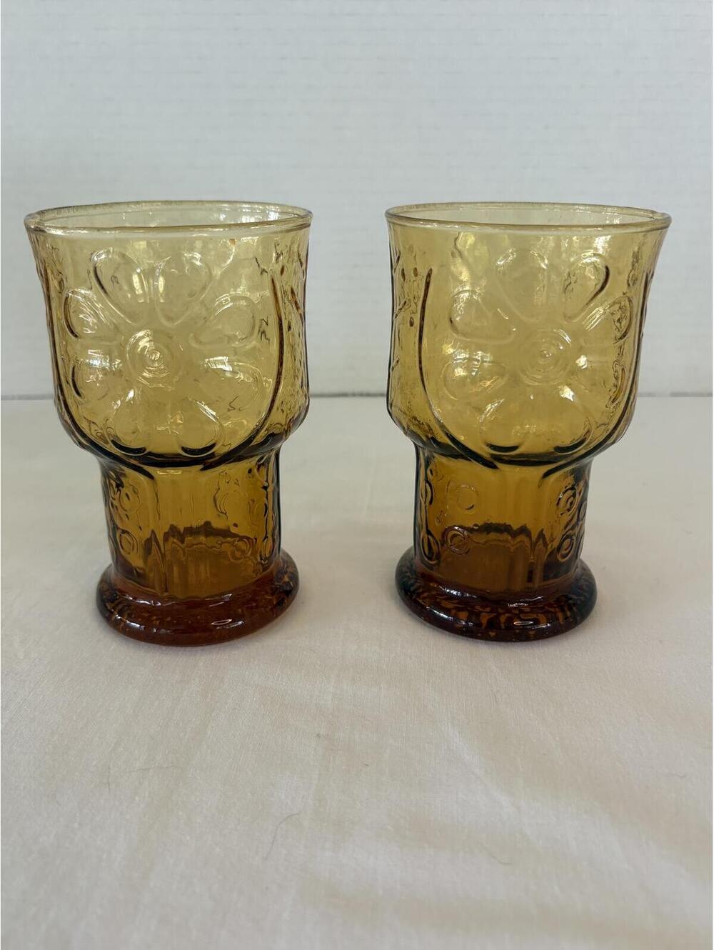 Vintage Libbey Country Garden Amber Tumbler , 5" Daisy Pattern - Set of 2